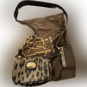 Roberto Cavalli mini leather animal print purse w/ long leather strap